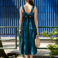 Women Blue Striped Midi Dress Back