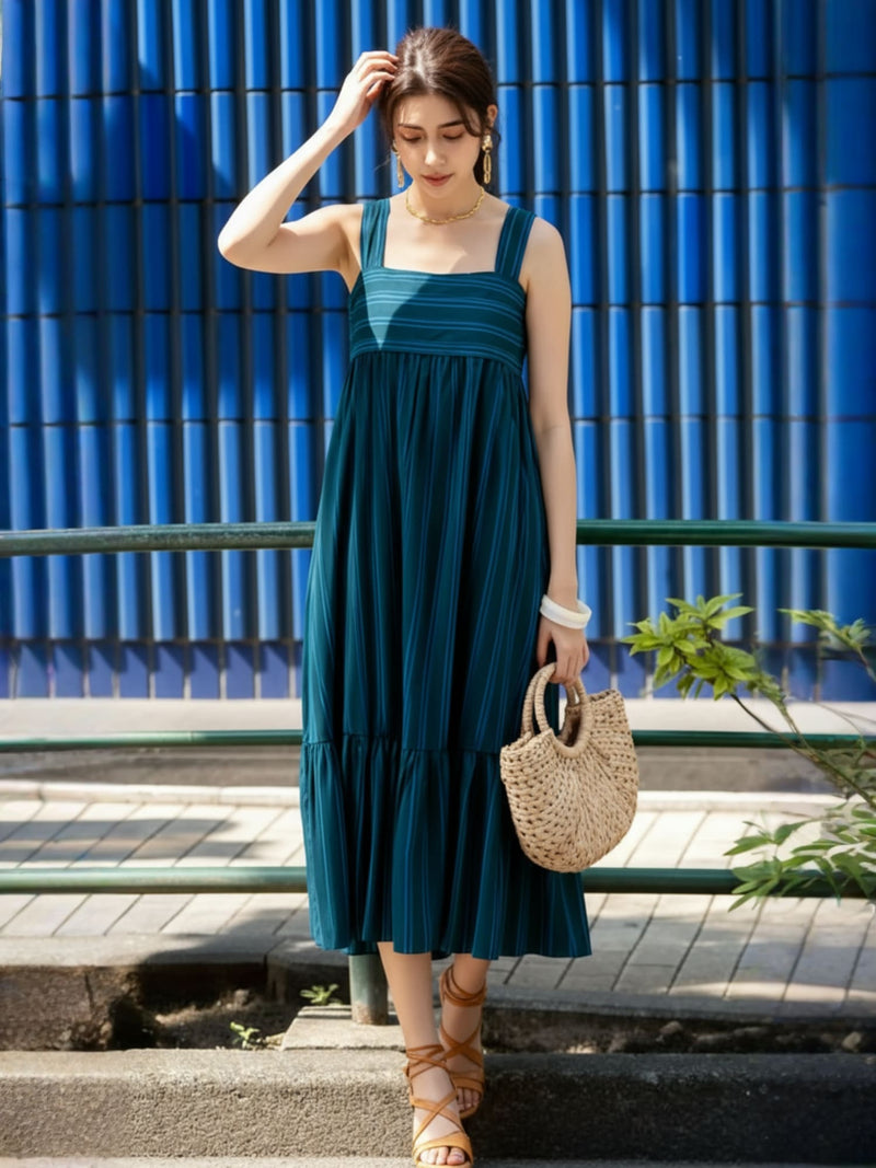 Women Blue Striped Midi Dress Front