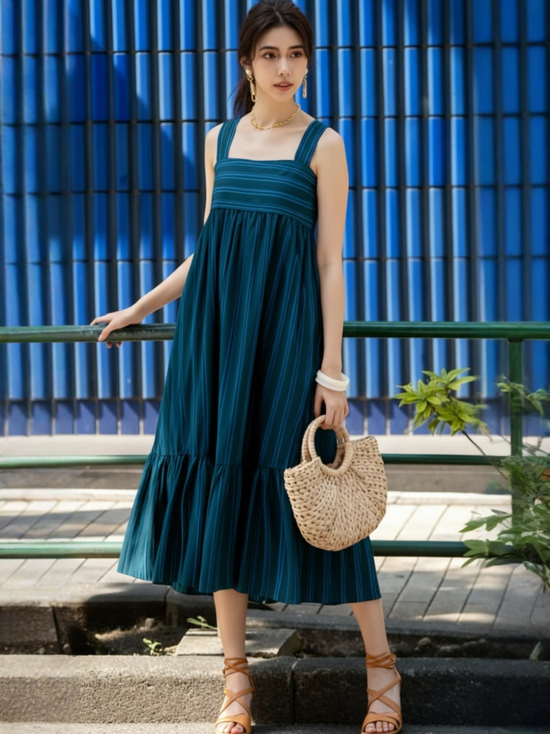 Women Blue Striped Midi Dress Image