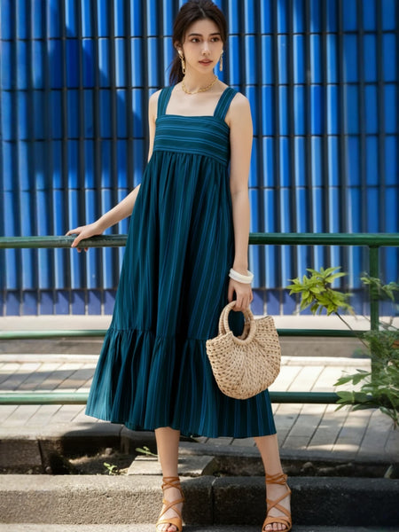 Women Blue Striped Midi Dress Image