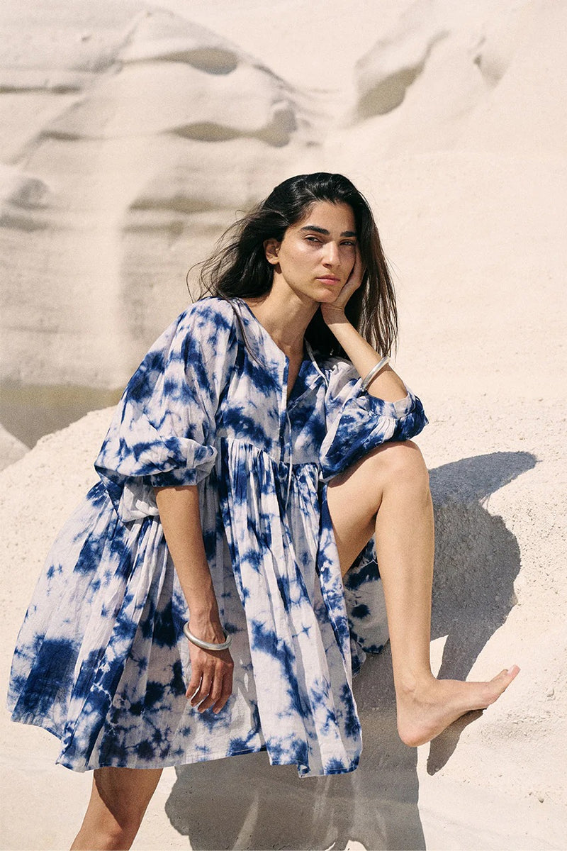 White tie dye round neck rayon dress for women
