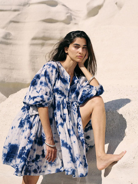 White tie dye round neck rayon dress for women