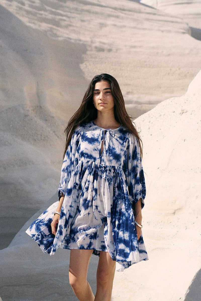 Women white tie dye rayon fit and flare dress front view