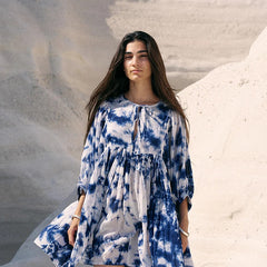 Women white tie dye rayon fit and flare dress front view