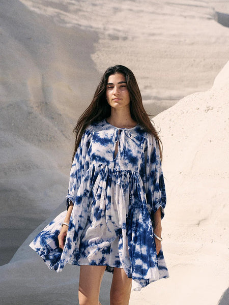 Women white tie dye rayon fit and flare dress front view