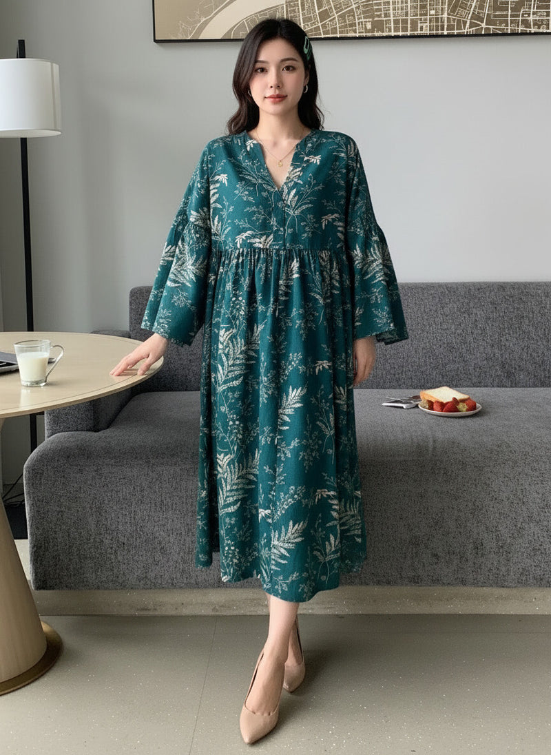 Women Dark Green Printed Midi Dress Front