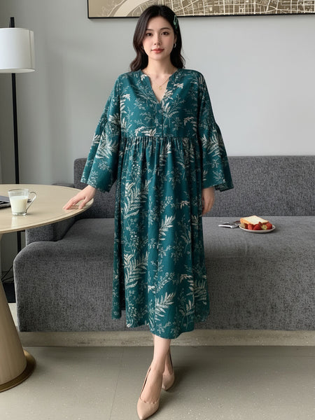 Women Dark Green Printed Midi Dress Front