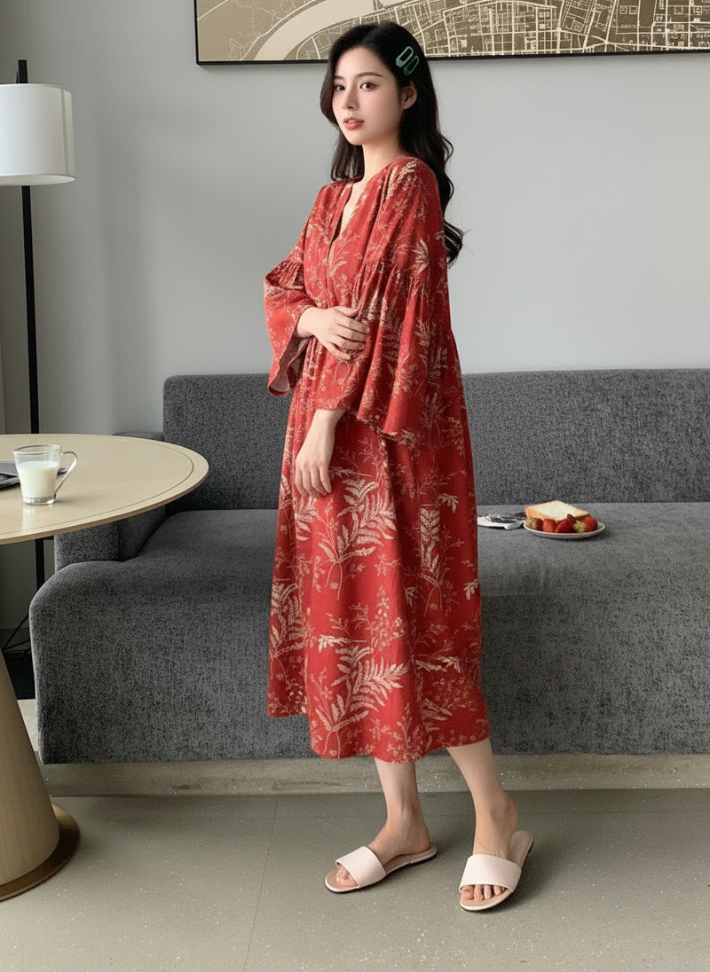 Women Red Printed Midi Dress Side