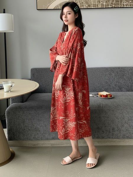 Women Red Printed Midi Dress Side