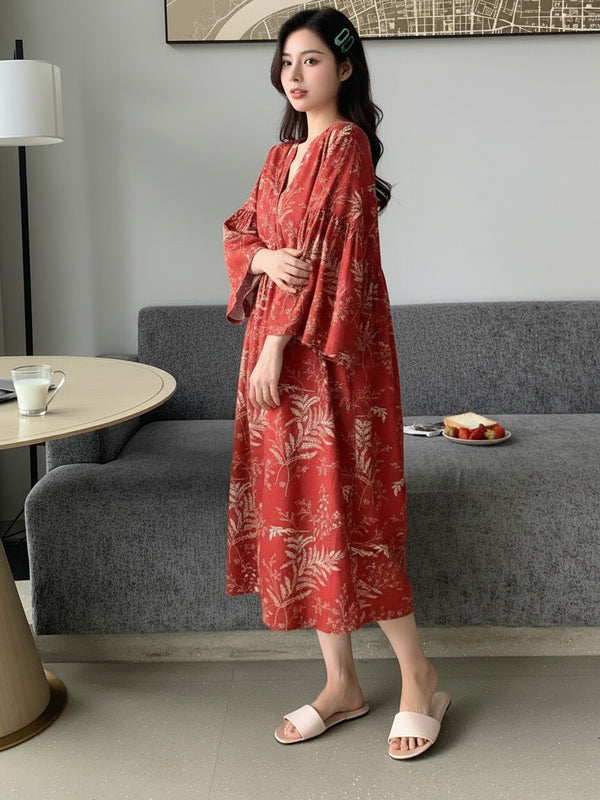 Women Red Printed Midi Dress Side