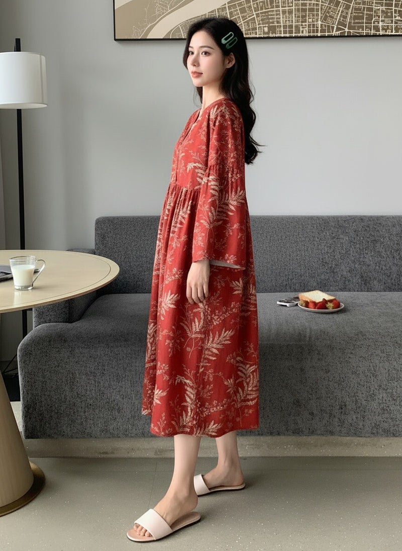 Women Red Printed Midi Dress 