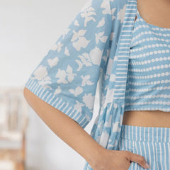 Blue Viscose Rayon Jacket Crop Top with Pant Set for Women