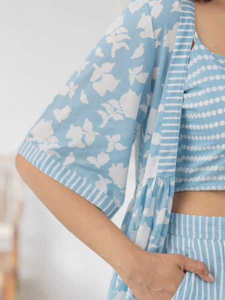 Blue Viscose Rayon Jacket Crop Top with Pant Set for Women