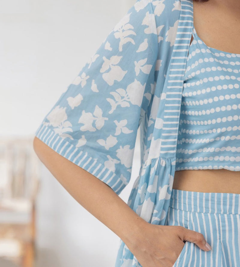 Blue Viscose Rayon Jacket Crop Top with Pant Set for Women