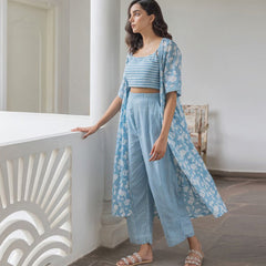 Blue Viscose Rayon Jacket Crop Top with Pant Set for Women