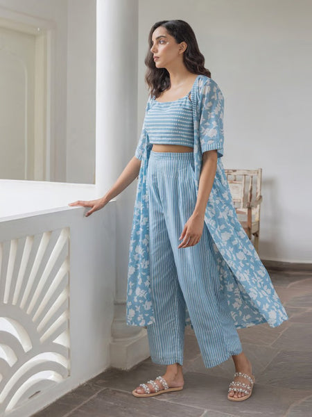 Blue Viscose Rayon Jacket Crop Top with Pant Set for Women