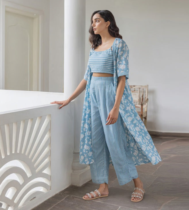 Blue Viscose Rayon Jacket Crop Top with Pant Set for Women