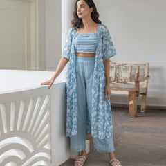 Blue Viscose Rayon Jacket Crop Top with Pant Set for Women