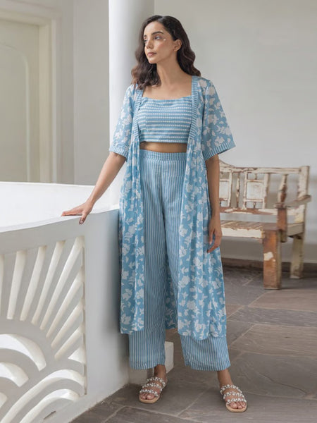 Blue Viscose Rayon Jacket Crop Top with Pant Set for Women