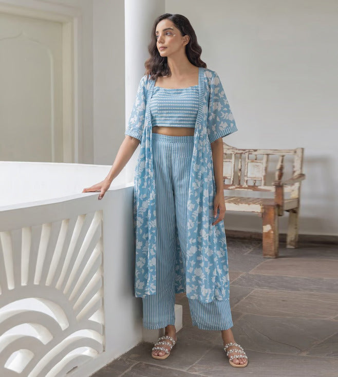 Blue Viscose Rayon Jacket Crop Top with Pant Set for Women