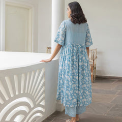 Blue Viscose Rayon Jacket Crop Top with Pant Set for Women