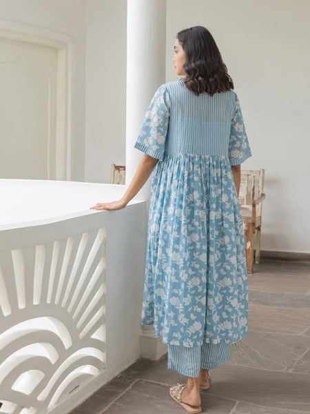 Blue Viscose Rayon Jacket Crop Top with Pant Set for Women