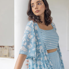 Blue Viscose Rayon Jacket Crop Top with Pant Set for Women