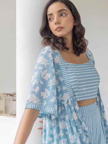 Blue Viscose Rayon Jacket Crop Top with Pant Set for Women