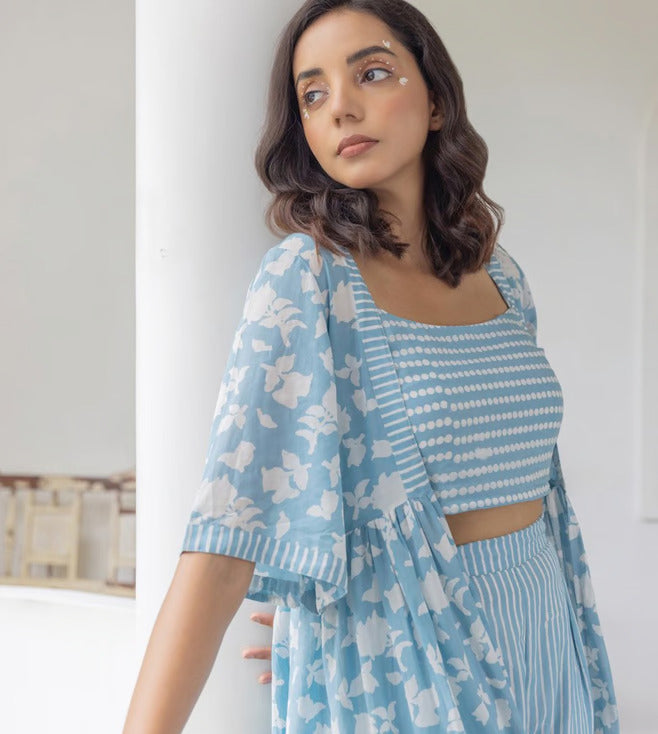 Blue Viscose Rayon Jacket Crop Top with Pant Set for Women