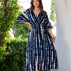 Women blue printed rayon fit and flare dress

