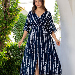 Blue printed rayon dress for women front view
