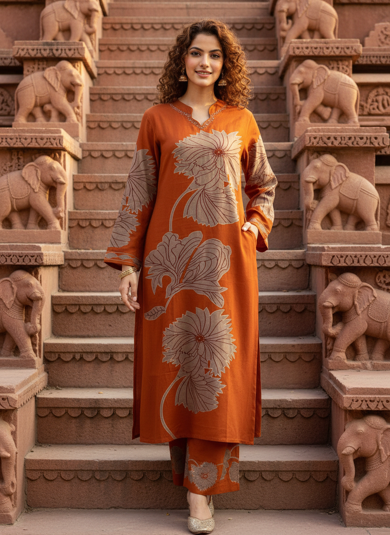 Women Orange Cotton Kurta Set
