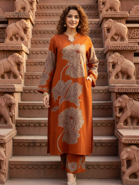 Women Orange Cotton Kurta Set