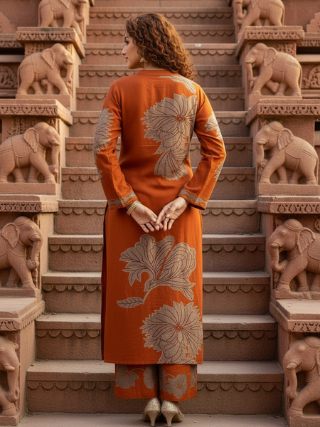 Women Orange Cotton Kurta Set