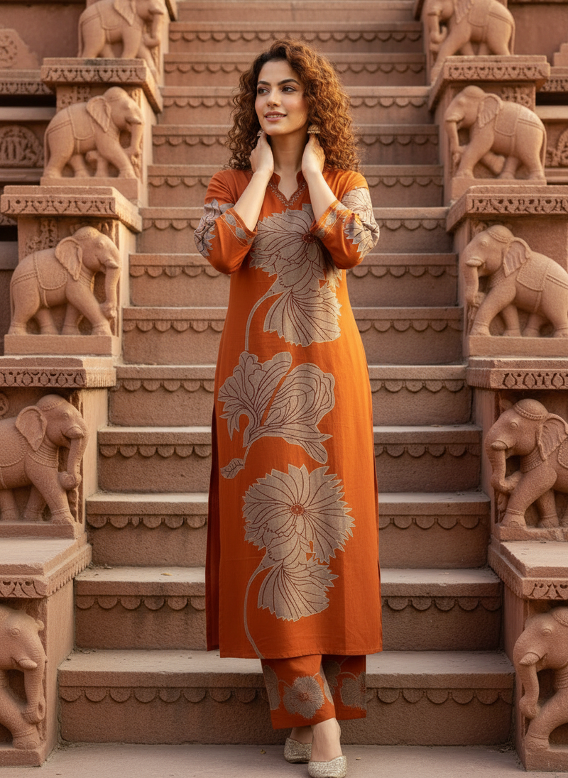 Women Orange Cotton Kurta Set