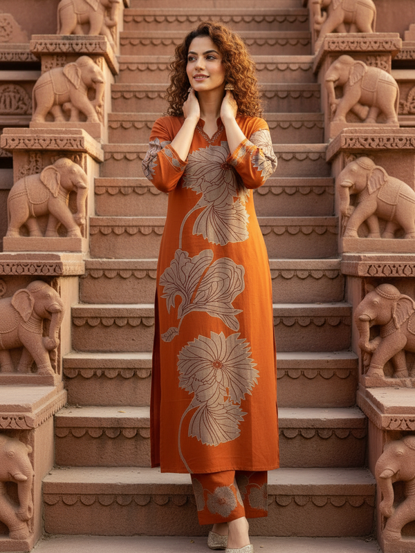 Women Orange Cotton Kurta Set