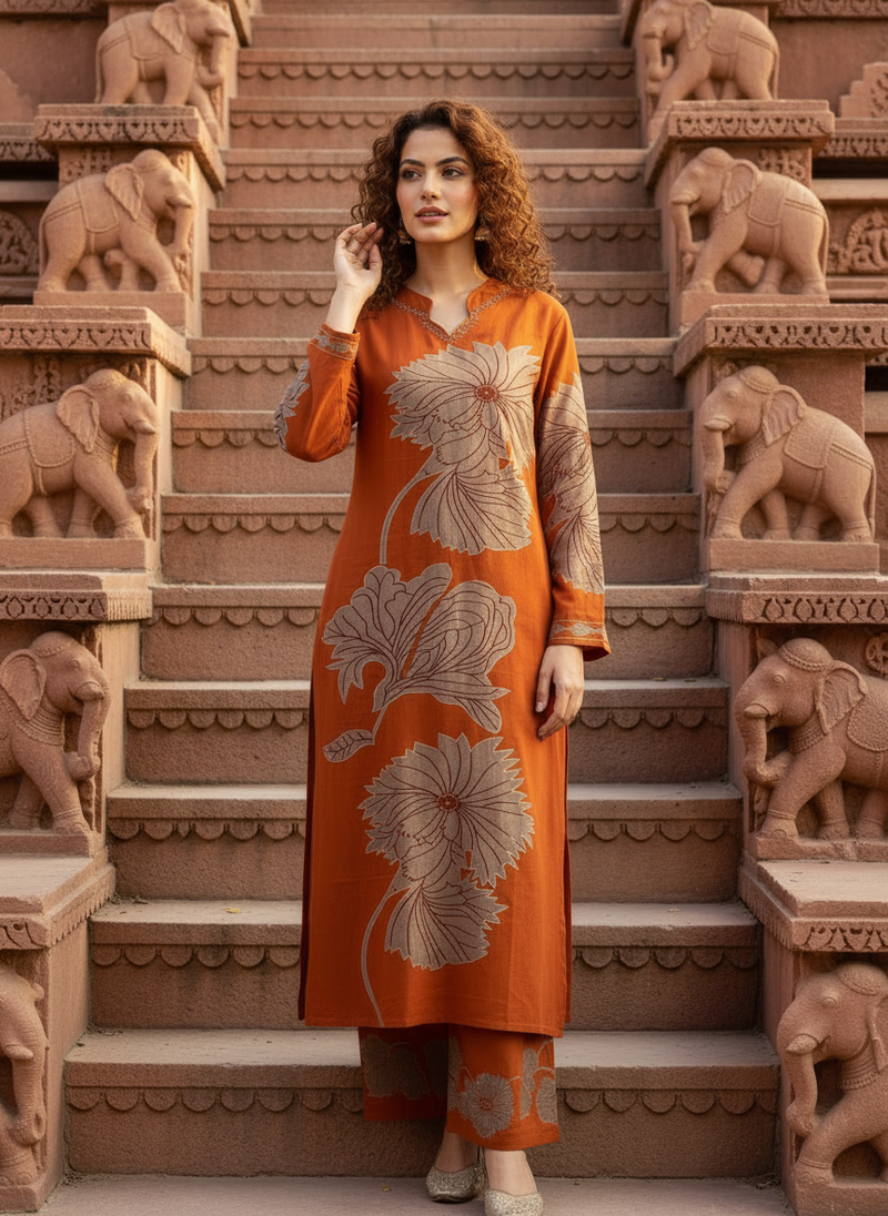 Women Orange Cotton Kurta Set