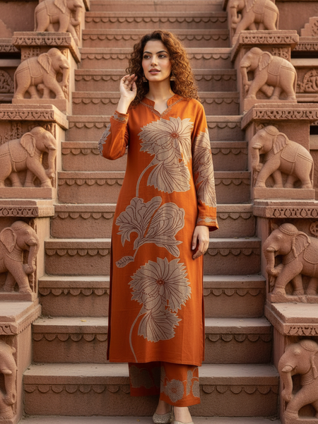 Women Orange Cotton Kurta Set