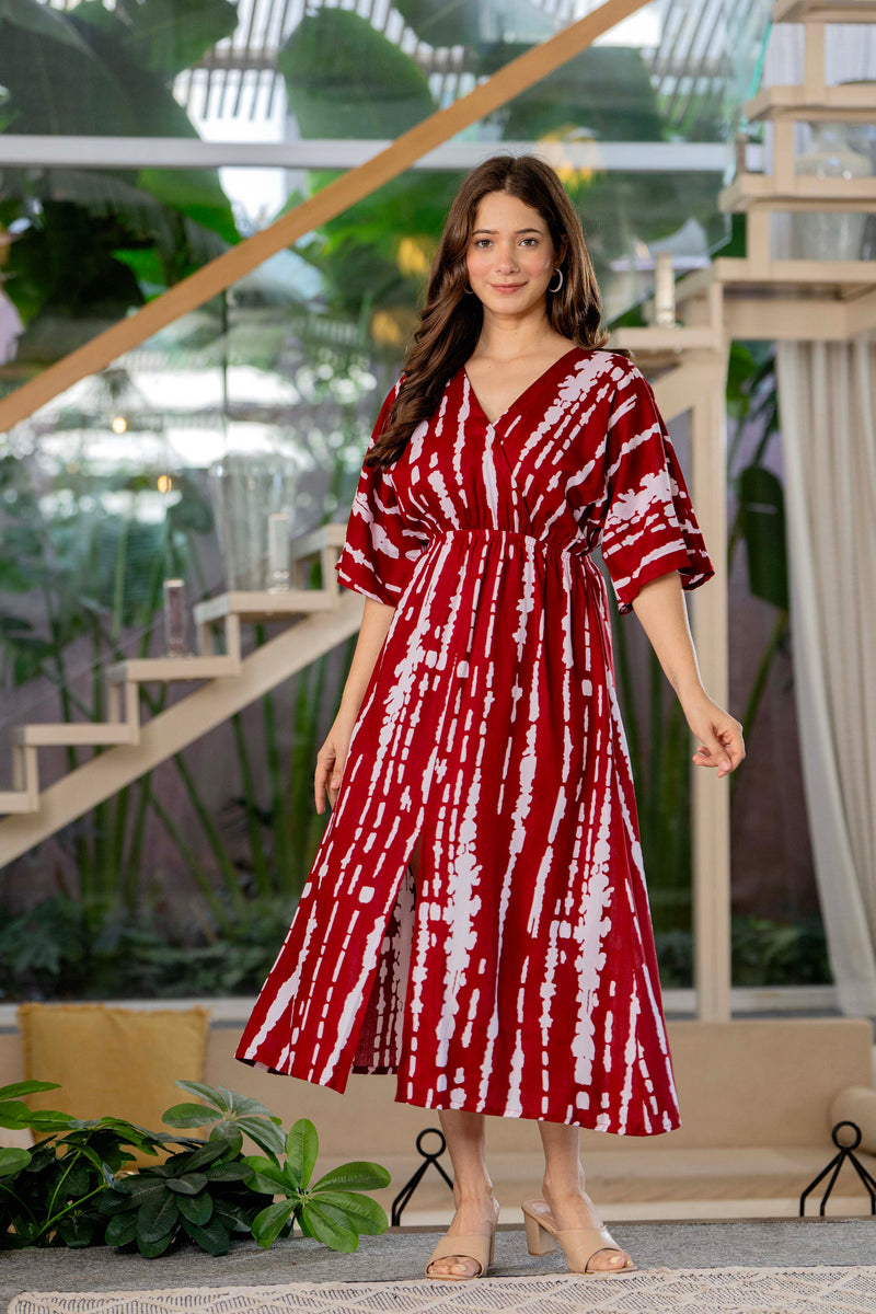 Girl maroon printed rayon dress outdoor look
