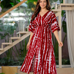 Girl maroon printed rayon dress outdoor look
