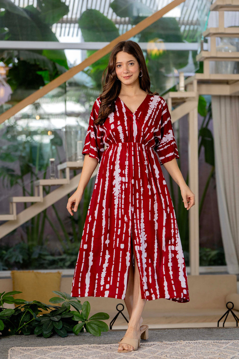 Maroon V neck fit and flare dress for girl
