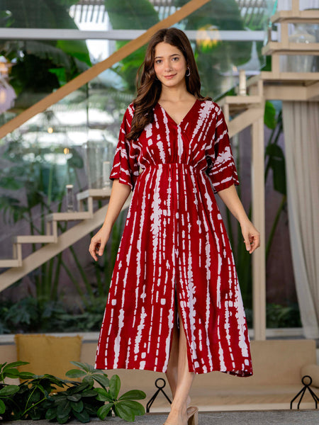 Maroon V neck fit and flare dress for girl
