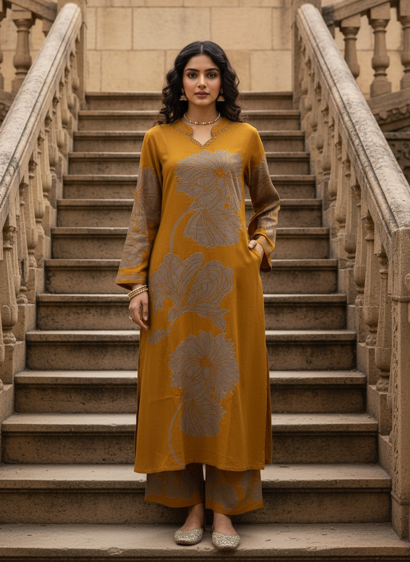 Yellow Pure Cotton Printed Kurta Set for Women