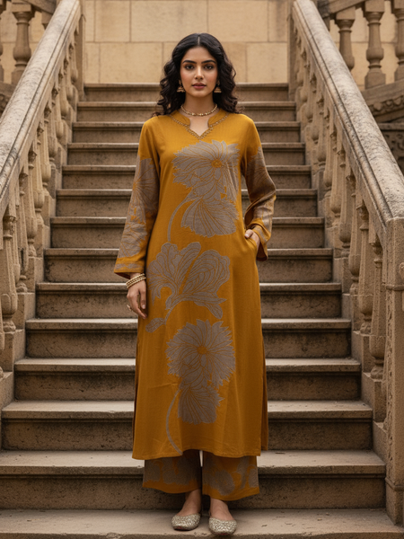 Yellow Pure Cotton Printed Kurta Set for Women
