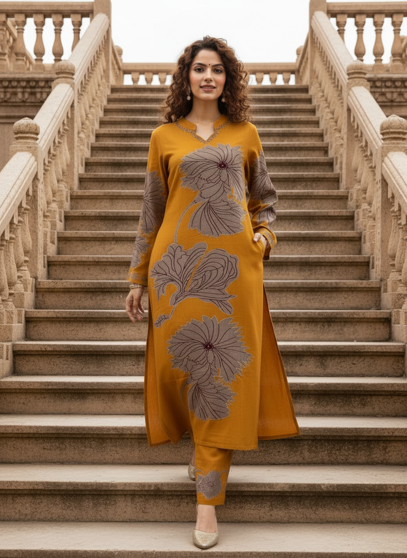 Yellow Pure Cotton Printed Kurta Set for Women