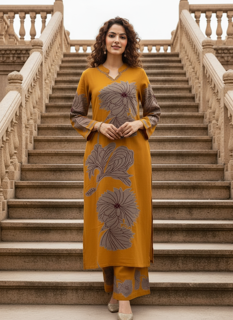 Yellow Pure Cotton Printed Kurta Set for Women