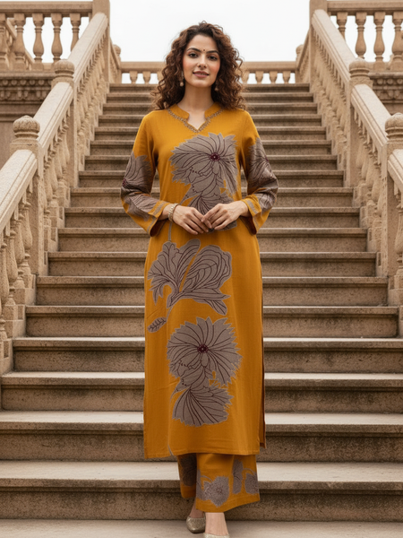 Yellow Pure Cotton Printed Kurta Set for Women