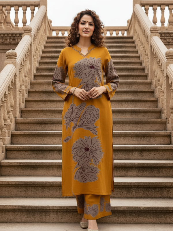 Yellow Pure Cotton Printed Kurta Set for Women