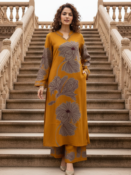 Yellow Pure Cotton Printed Kurta Set for Women