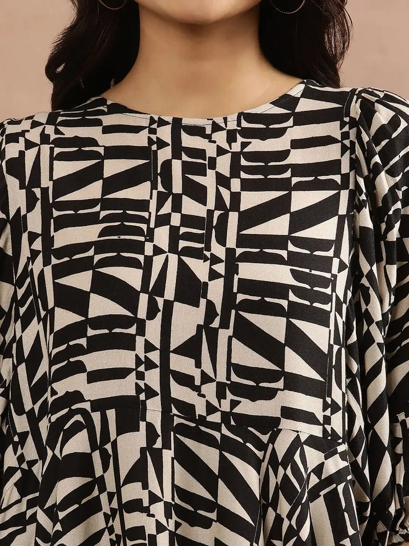 Beige & Black Geometric Printed A-Line Top